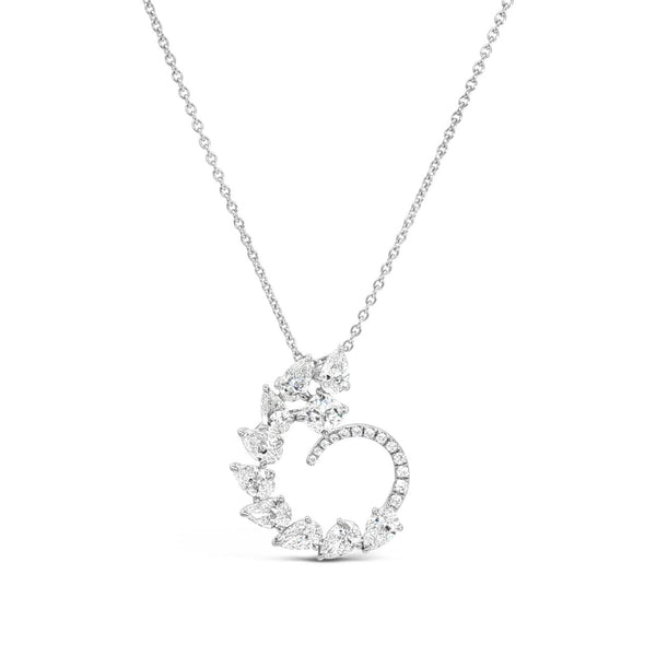 18ct white gold necklet featuring a swirl design of pear and round brilliant cut diamonds surrounding a central diamond, suspended from a fine 45 cm trace link chain.
