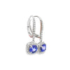 18ct white gold tanzanite and diamond cluster earrings featuring round-cut tanzanites with cushion-shaped diamond halos and articulated drops.