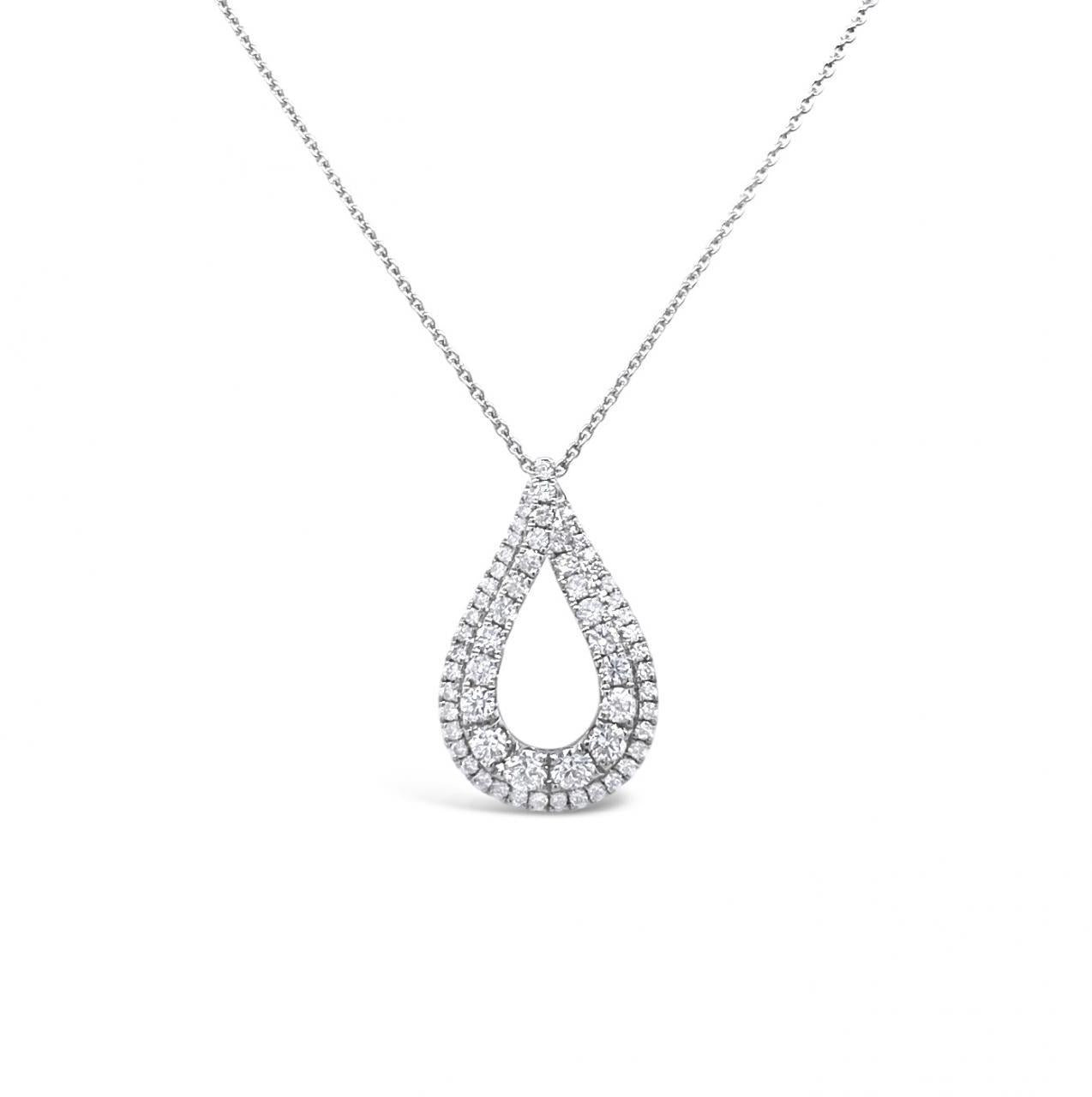 18ct white gold teardrop pendant featuring 61 round brilliant cut diamonds in a double-row claw setting.