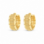 9ct yellow gold textured huggie earrings featuring a line-engraved central pattern, polished facetted edges and hinged design.