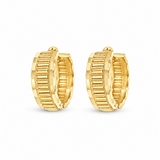 9ct yellow gold textured huggie earrings featuring a line-engraved central pattern, polished facetted edges and hinged design.