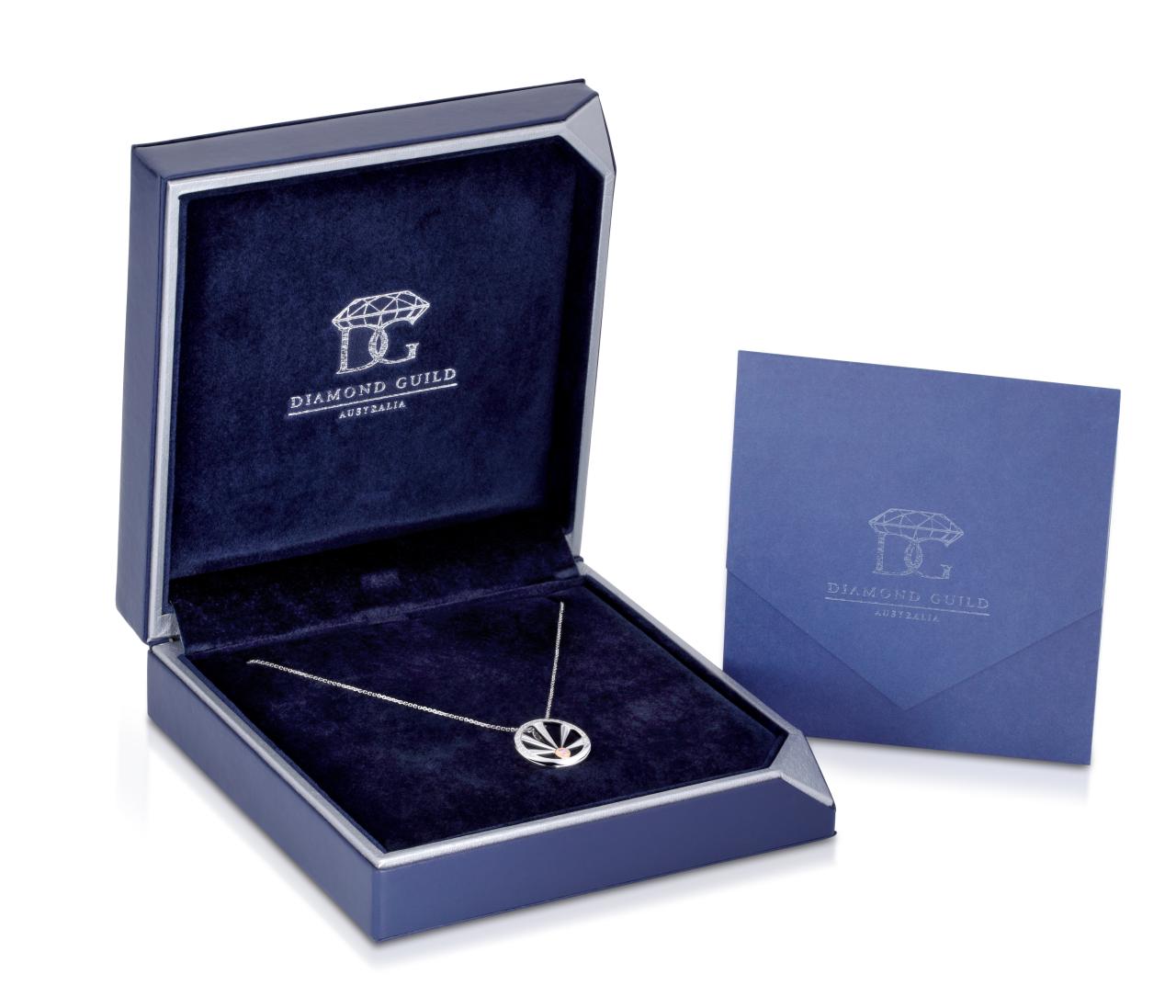 18ct white gold “The Sun Will Rise” necklet featuring Argyle pink and white diamonds in a sunrise design, limited edition 64/100, created by Diamond Guild Australia in support of Beyond Blue.