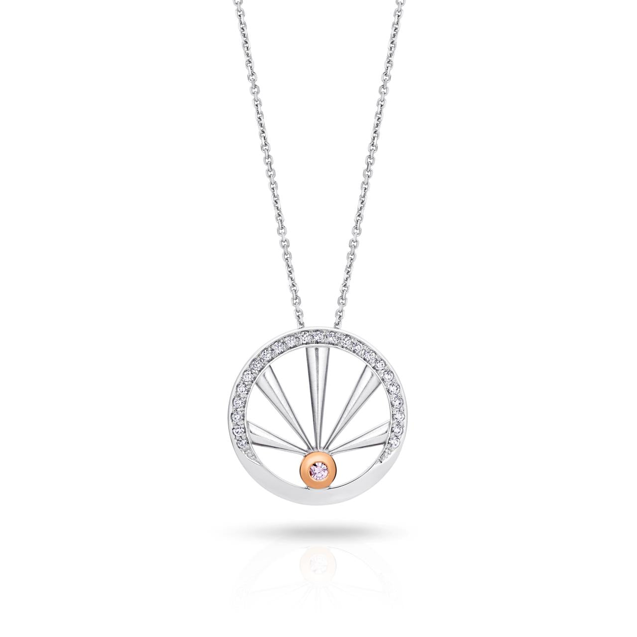 18ct white gold “The Sun Will Rise” necklet featuring Argyle pink and white diamonds in a sunrise design, limited edition 64/100, created by Diamond Guild Australia in support of Beyond Blue.