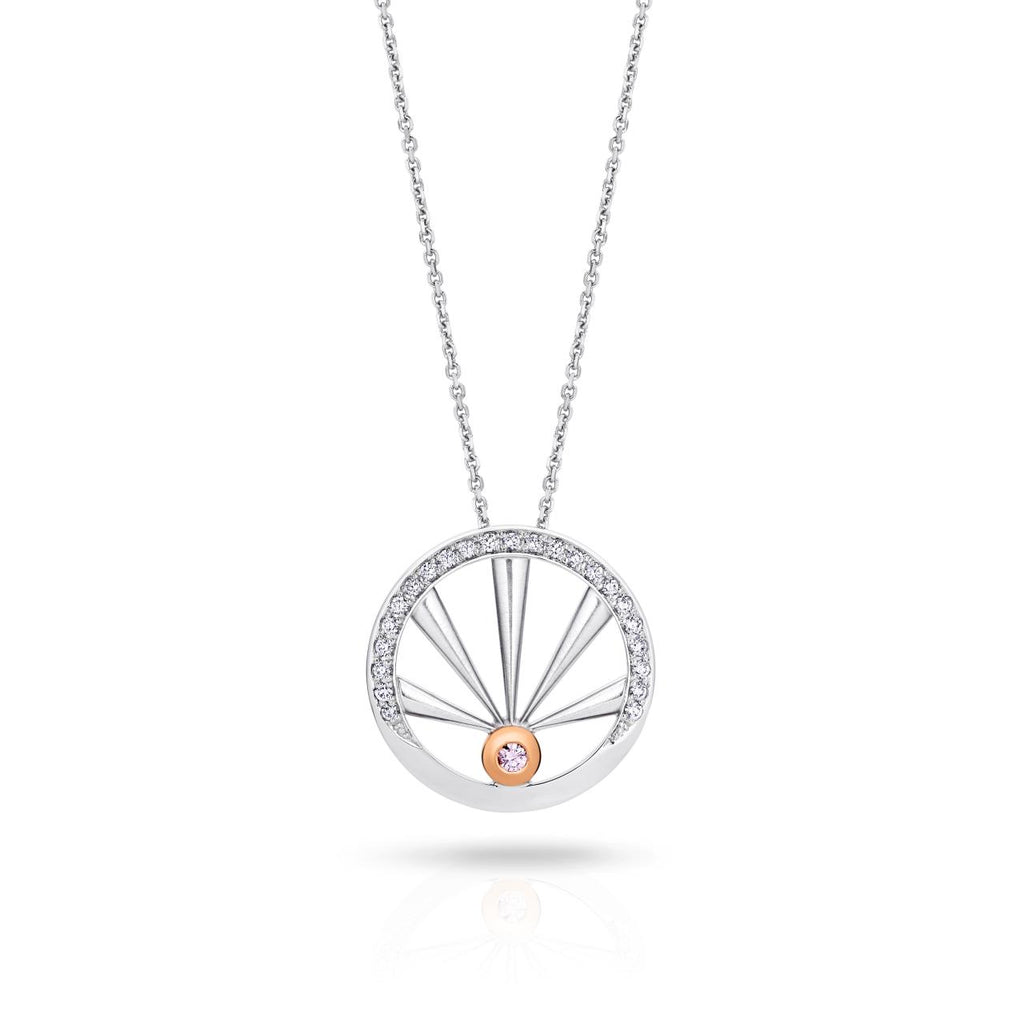 18ct white gold “The Sun Will Rise” necklet featuring Argyle pink and white diamonds in a sunrise design, limited edition 64/100, created by Diamond Guild Australia in support of Beyond Blue.
