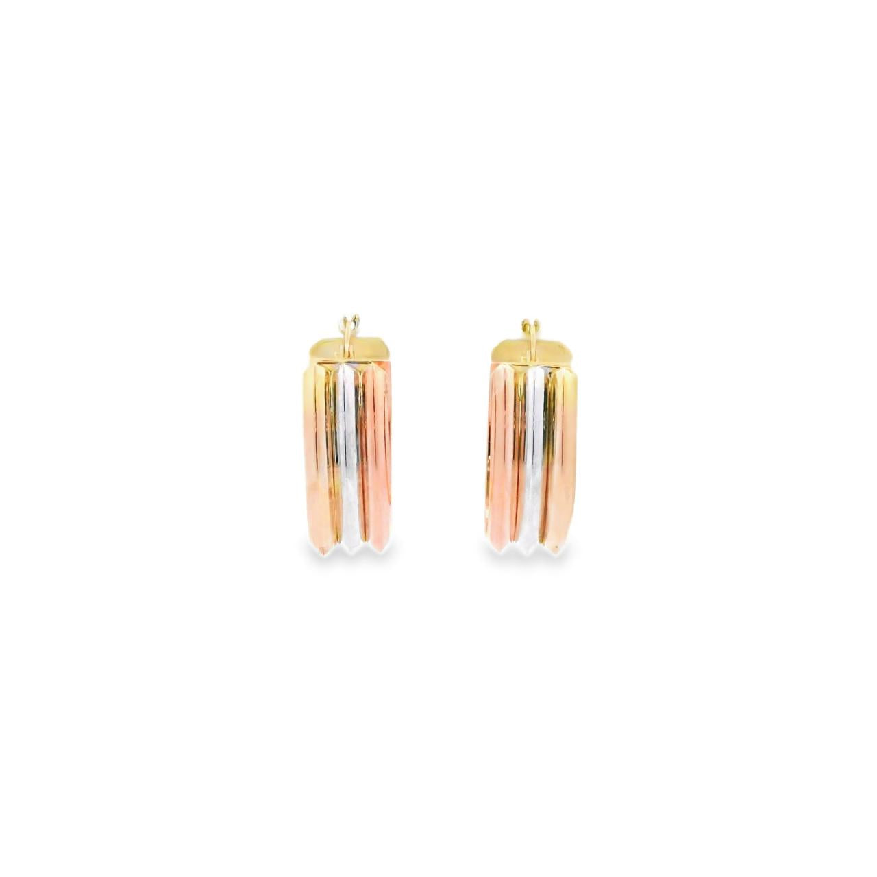 9ct yellow, white, and rose gold oval hoop earrings featuring a polished 20 x 8.5mm three tone design with post and clip fittings.