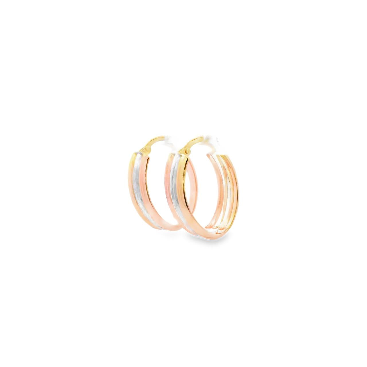 9ct yellow, white, and rose gold oval hoop earrings featuring a polished 20 x 8.5mm three tone design with post and clip fittings.