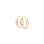 9ct yellow, white, and rose gold oval hoop earrings featuring a polished 20 x 8.5mm three tone design with post and clip fittings.