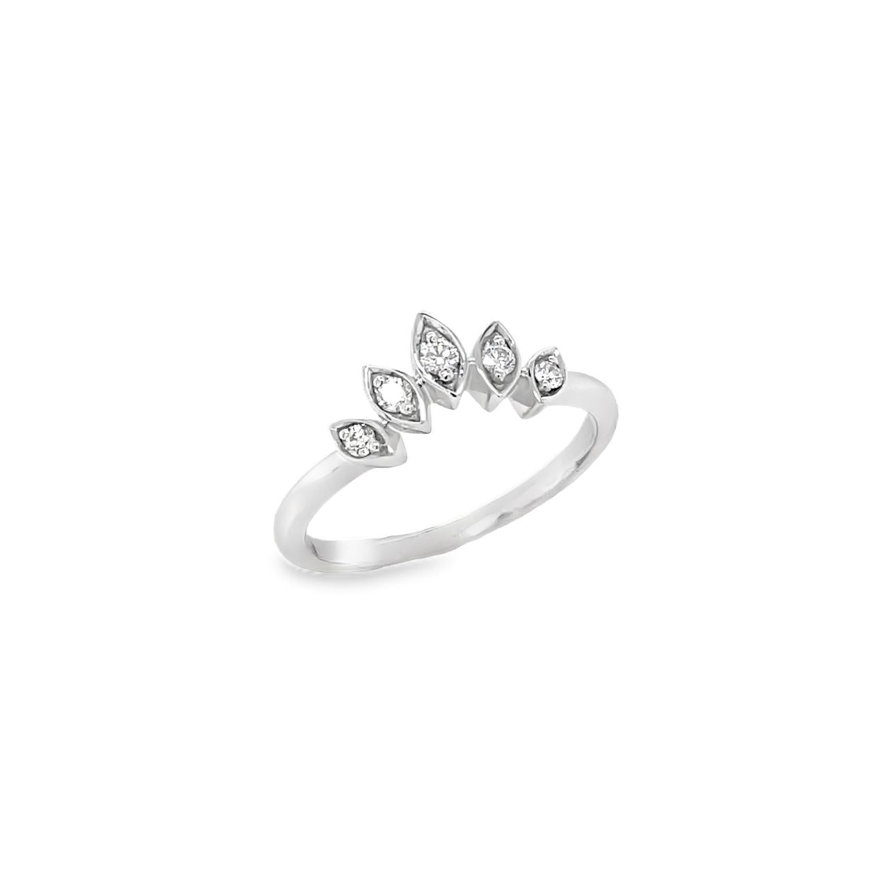 18ct white gold tiara-style diamond ring featuring five marquise-shaped settings with round brilliant cut diamonds in a curved design.