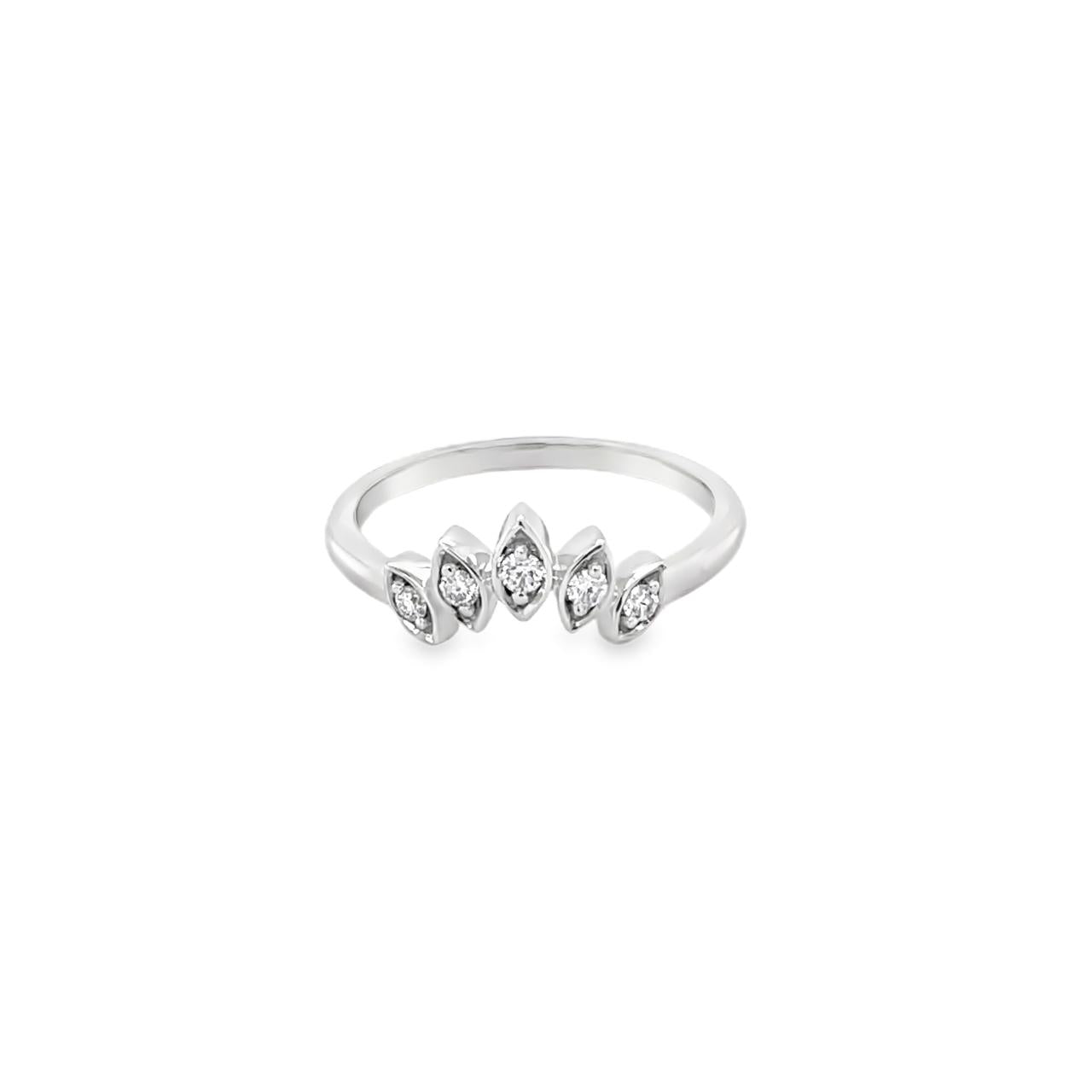 18ct white gold tiara-style diamond ring featuring five marquise-shaped settings with round brilliant cut diamonds in a curved design.