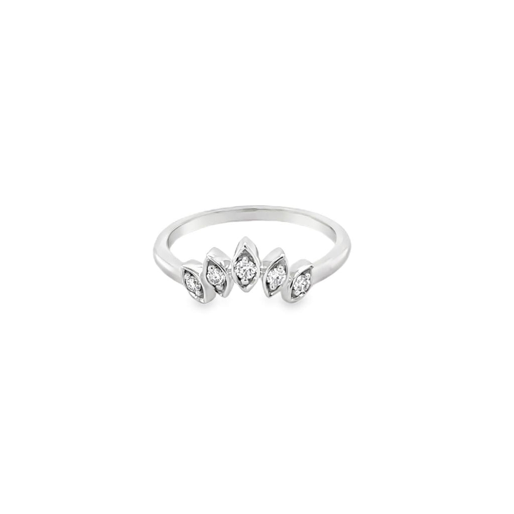 18ct white gold tiara-style diamond ring featuring five marquise-shaped settings with round brilliant cut diamonds in a curved design.