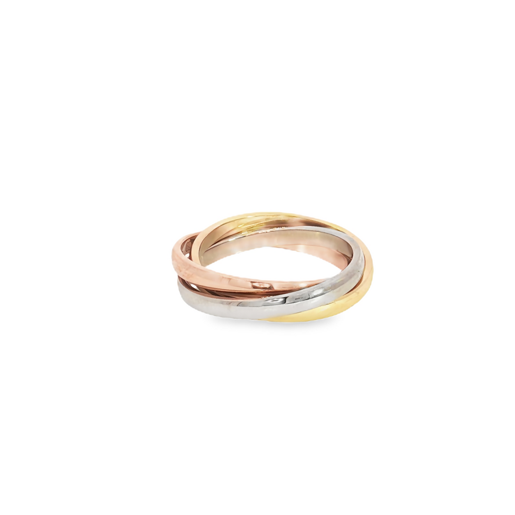 18ct tri-colour gold ring featuring interlocking yellow, white and rose gold bands with a polished finish.