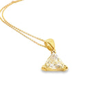 18ct yellow gold pendant featuring a 2.17ct trilliant cut diamond (L VS1) in a three V-cap setting with an articulated tapered pendant runner.