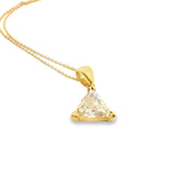 18ct yellow gold pendant featuring a 2.17ct trilliant cut diamond (L VS1) in a three V-cap setting with an articulated tapered pendant runner.