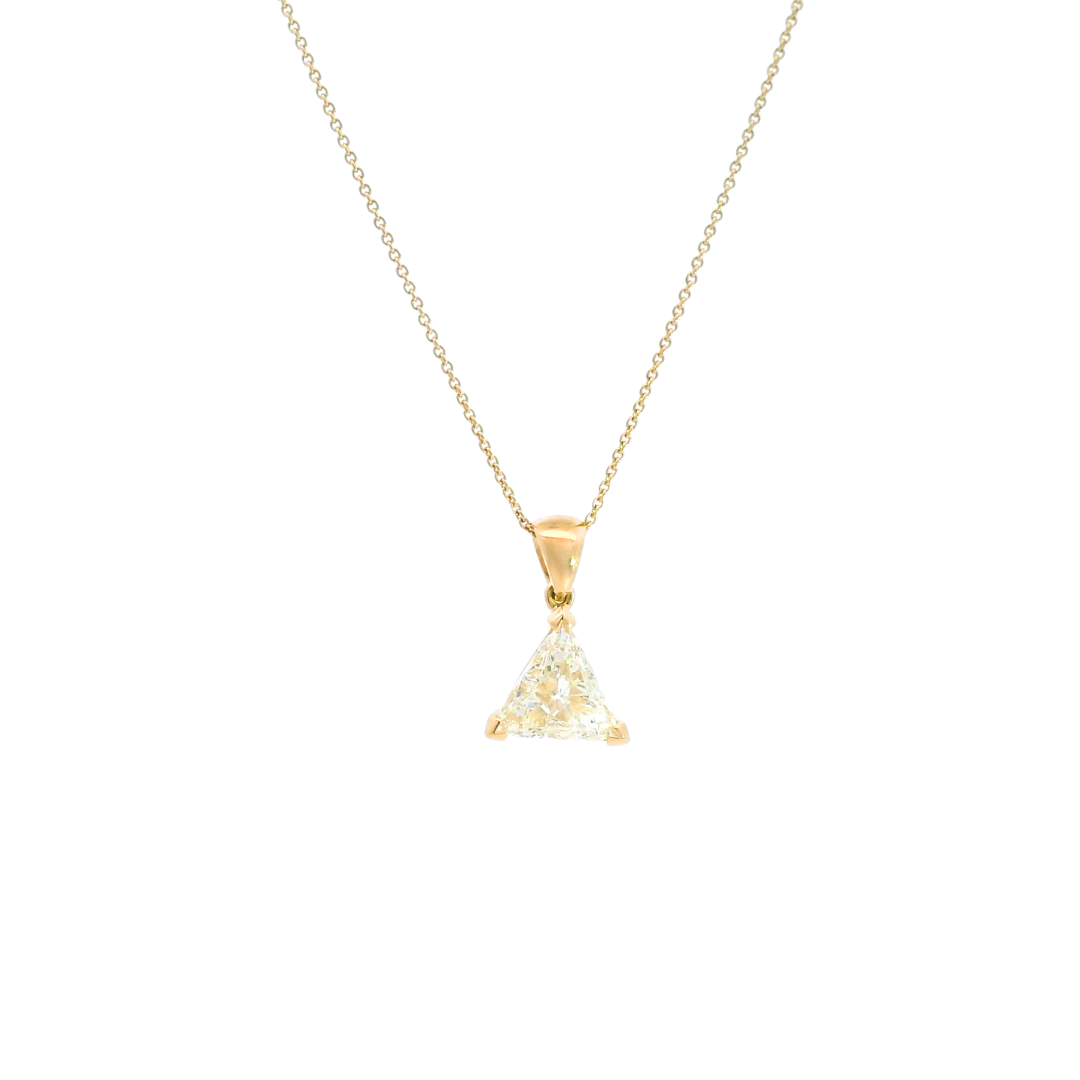 18ct yellow gold pendant featuring a 2.17ct trilliant cut diamond (L VS1) in a three V-cap setting with an articulated tapered pendant runner.