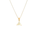 18ct yellow gold pendant featuring a 2.17ct trilliant cut diamond (L VS1) in a three V-cap setting with an articulated tapered pendant runner.