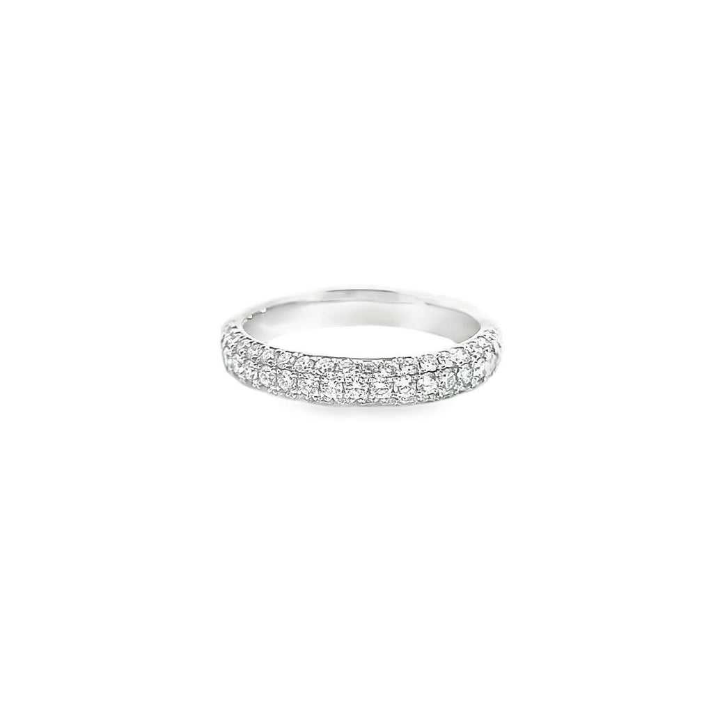 18ct white gold domed ring with three rows of round brilliant cut diamonds totalling 0.75ct.