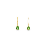 18ct yellow gold drop earrings featuring 7x5mm oval-cut tsavorites in four-claw open-back settings with articulated hook fittings.