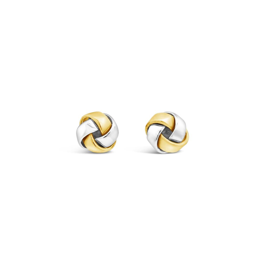 9ct yellow and white gold 10mm two-tone knot stud earrings featuring a polished finish with post and butterfly fittings.
