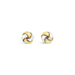 9ct yellow and white gold 10mm two-tone knot stud earrings featuring a polished finish with post and butterfly fittings.