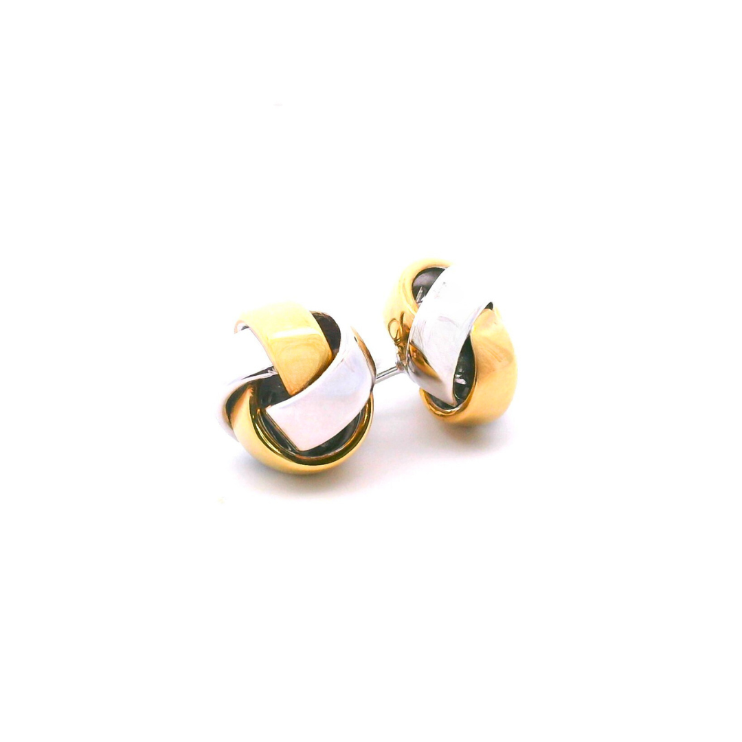 9ct yellow and white gold 10mm two-tone knot stud earrings featuring a polished finish with post and butterfly fittings.