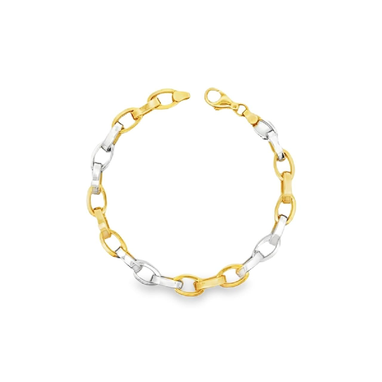 9ct yellow and white gold bracelet featuring alternating 6.8mm flat oval links with a polished finish.