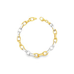 9ct yellow and white gold bracelet featuring alternating 6.8mm flat oval links with a polished finish.