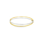 9ct yellow and white gold two tone hinged oval bangle featuring a split design, 60 x 54mm inside dimensions.