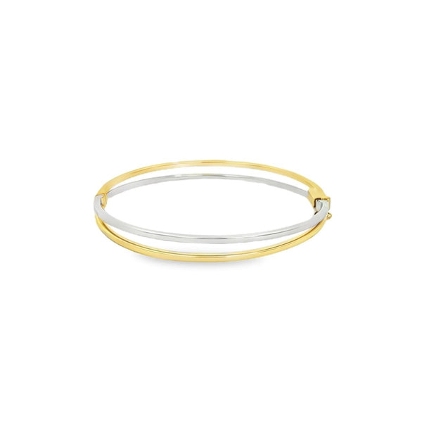 9ct yellow and white gold two tone hinged oval bangle featuring a split design, 60 x 54mm inside dimensions.
