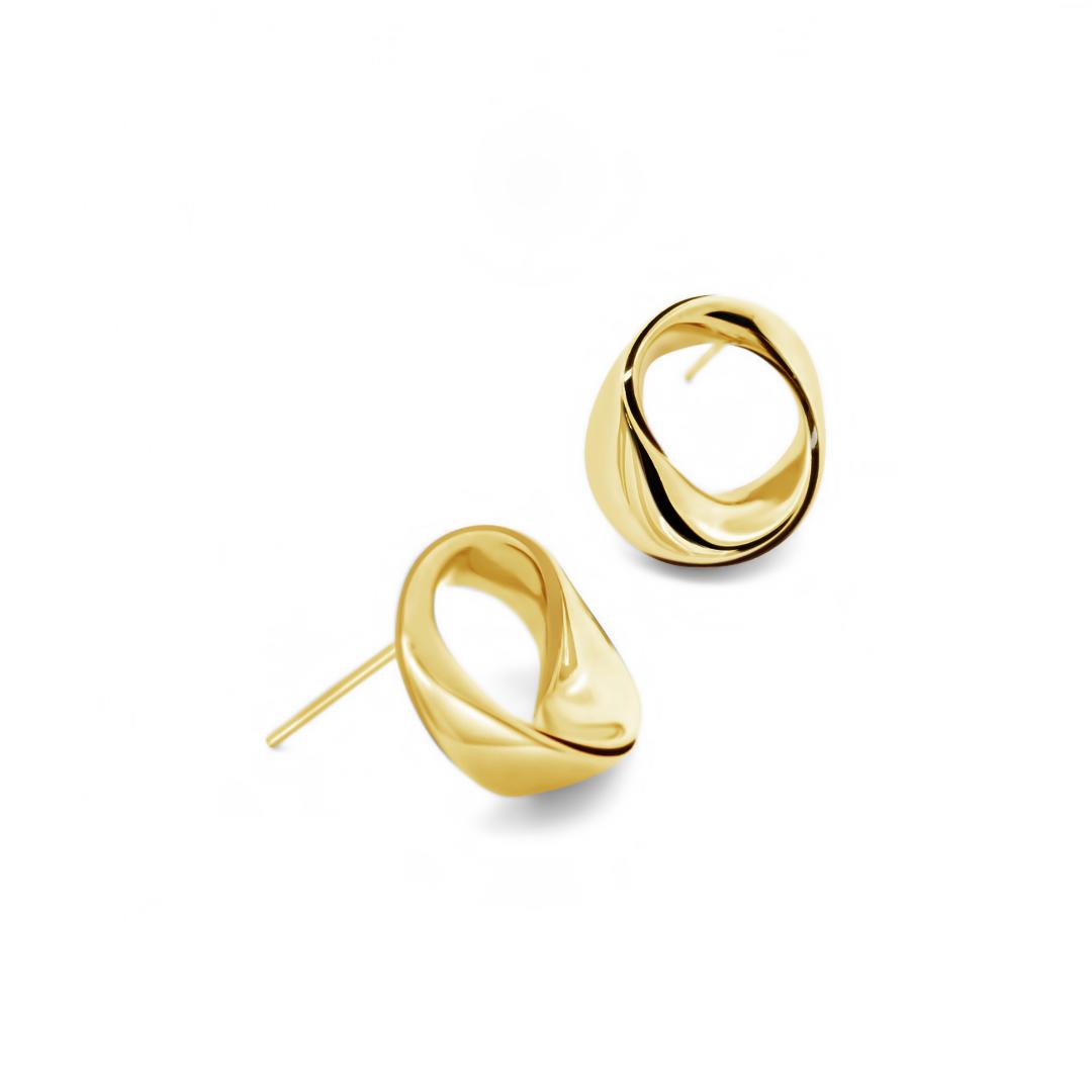 18ct yellow gold circular wave twist ribbon stud earrings featuring a polished sculptural design with post and butterfly fittings.