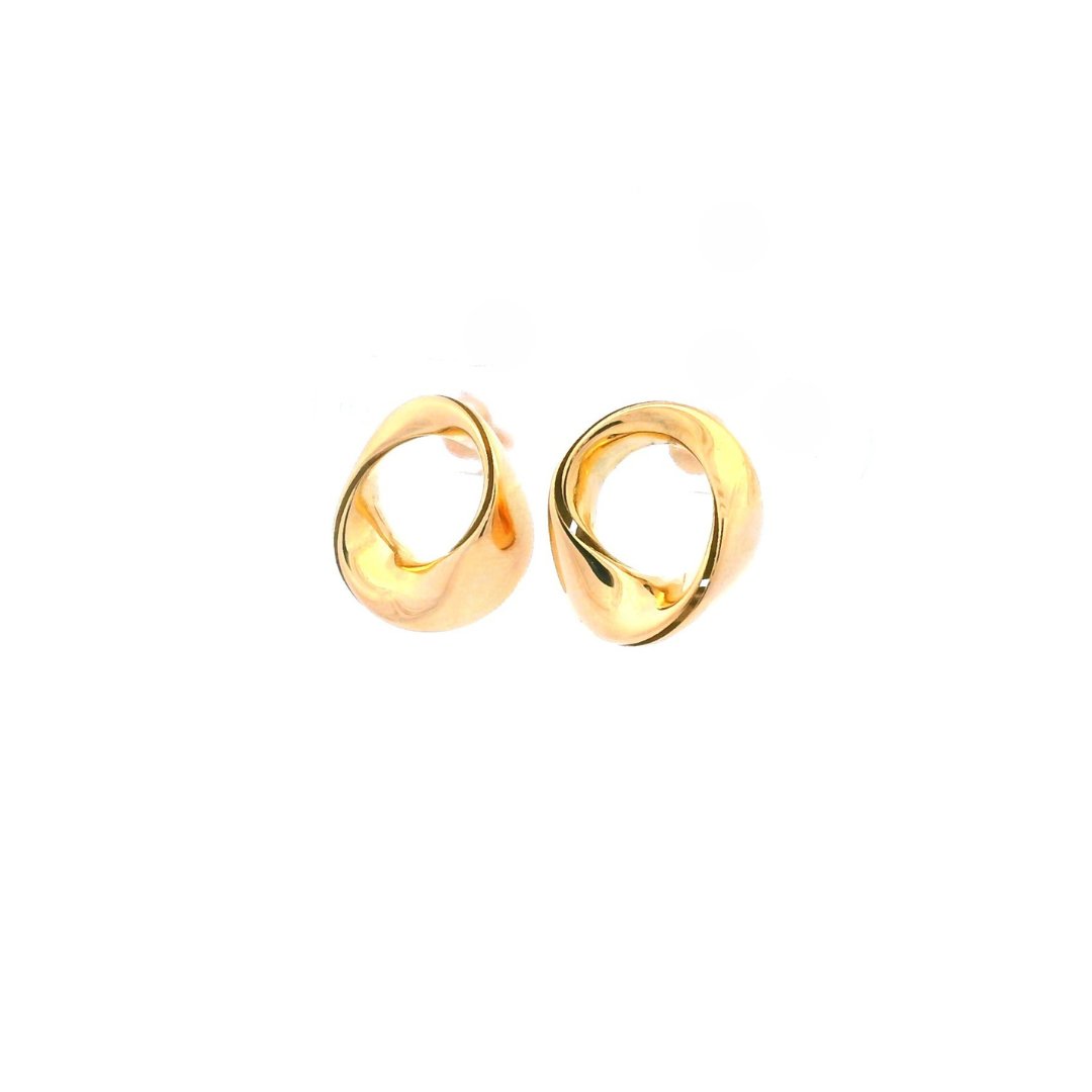 18ct yellow gold circular wave twist ribbon stud earrings featuring a polished sculptural design with post and butterfly fittings.