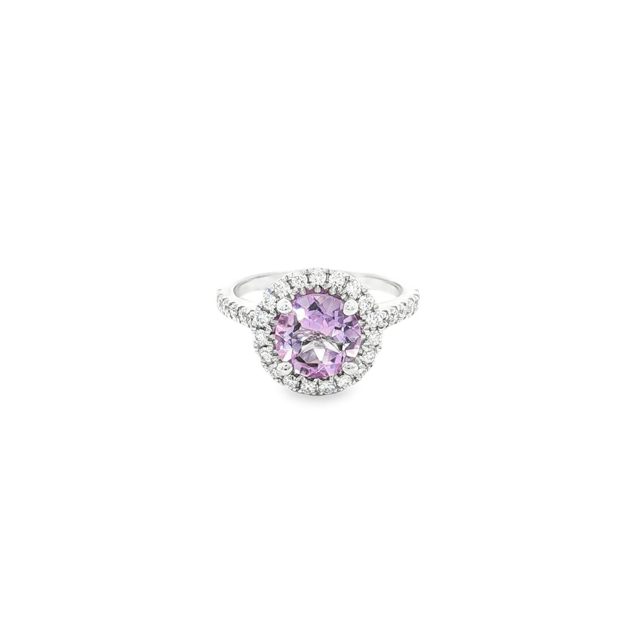 9ct white gold amethyst and diamond halo ring with round-cut amethyst and diamond-set shoulders.