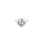 9ct white gold amethyst and diamond halo ring with round-cut amethyst and diamond-set shoulders.