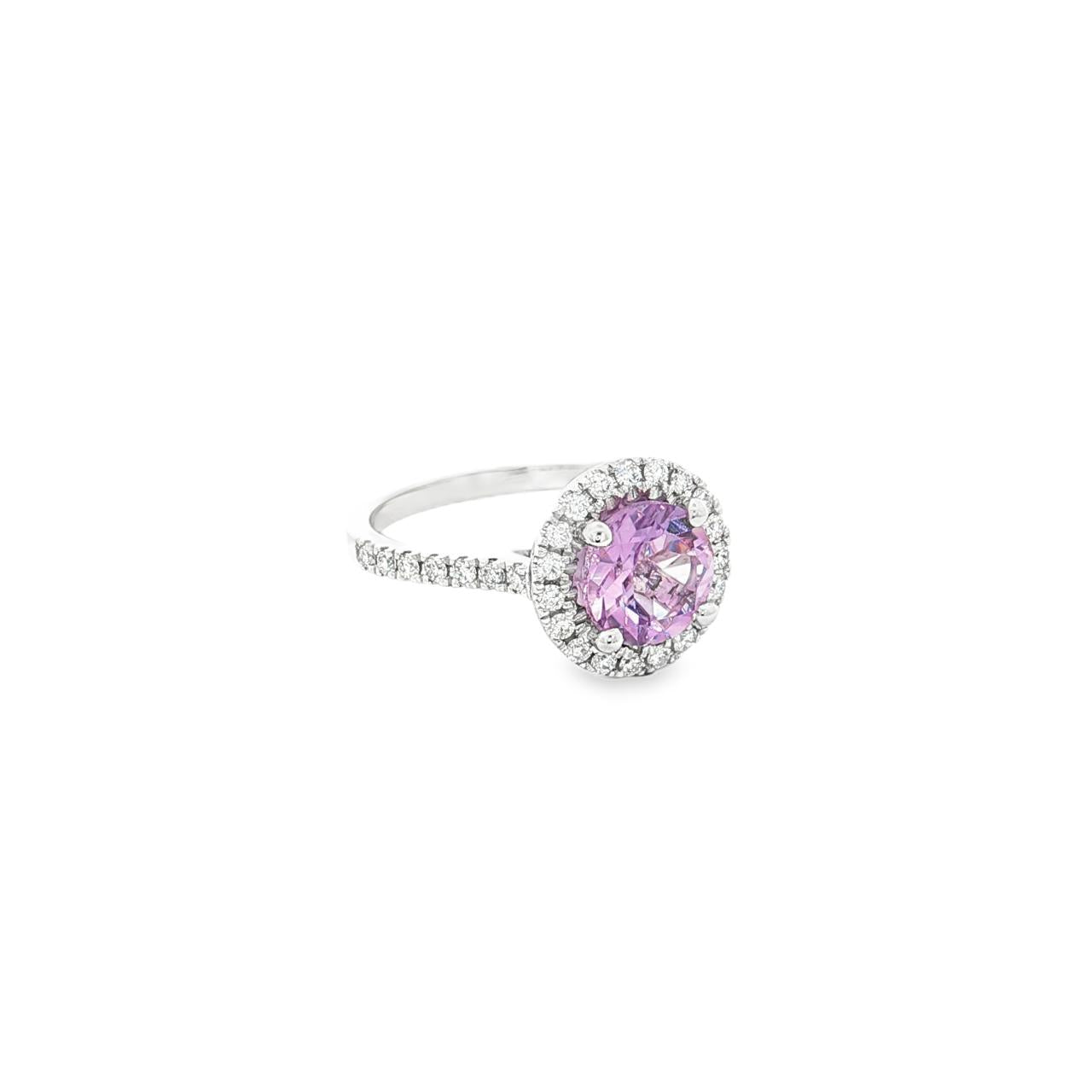 9ct white gold amethyst and diamond halo ring with round-cut amethyst and diamond-set shoulders.