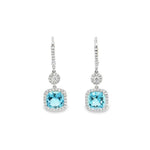 18ct white gold aquamarine and diamond cluster drop earrings with articulated circular and cushion clusters.