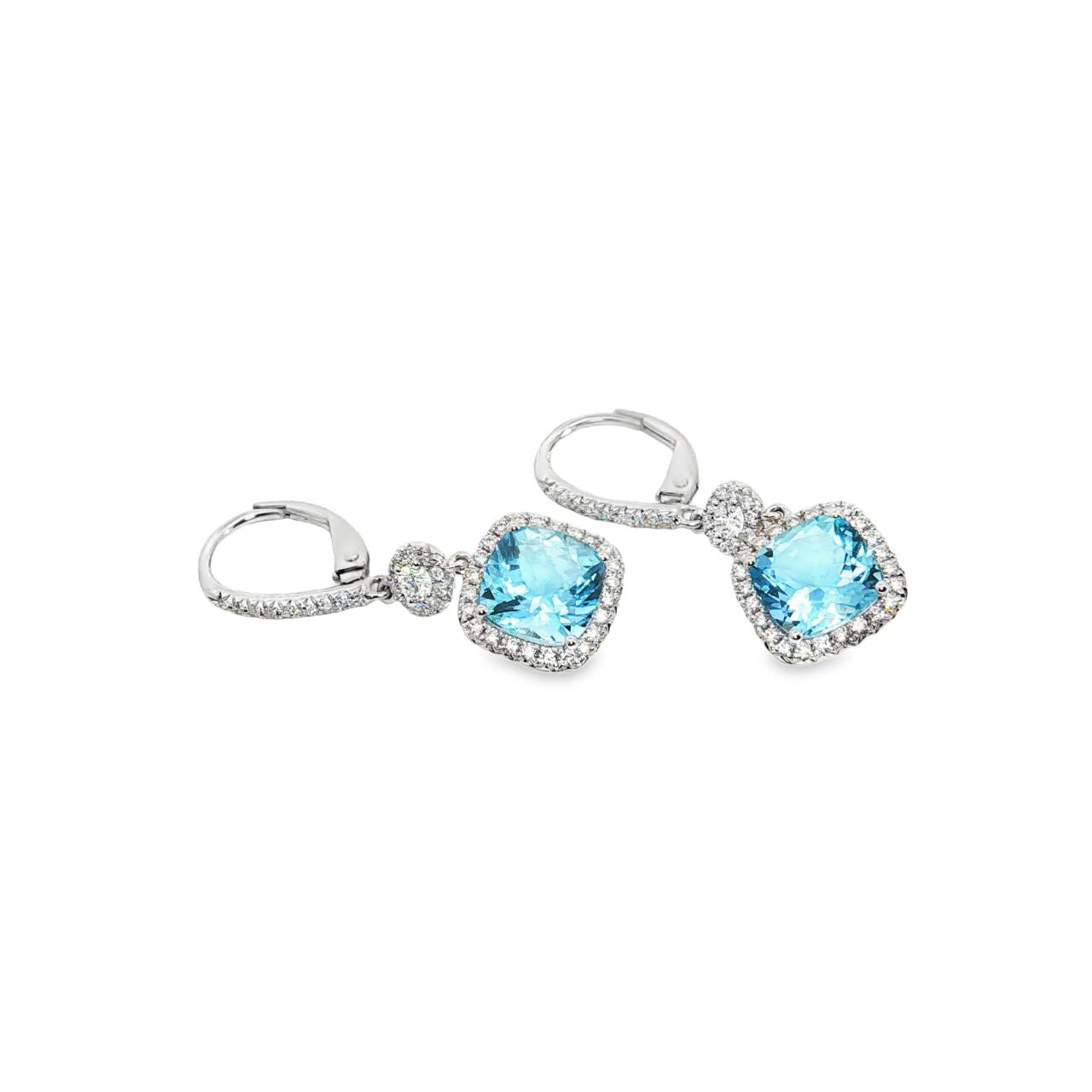 18ct white gold aquamarine and diamond cluster drop earrings with articulated circular and cushion clusters.