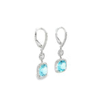 18ct white gold aquamarine and diamond cluster drop earrings with articulated circular and cushion clusters.