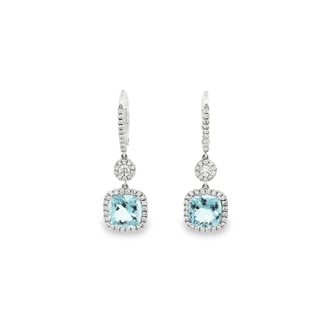 18ct white gold aquamarine and diamond cluster drop earrings with articulated circular and cushion clusters.