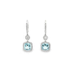 18ct white gold aquamarine and diamond cluster drop earrings with articulated circular and cushion clusters.