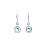 18ct white gold aquamarine and diamond cluster drop earrings with articulated circular and cushion clusters.