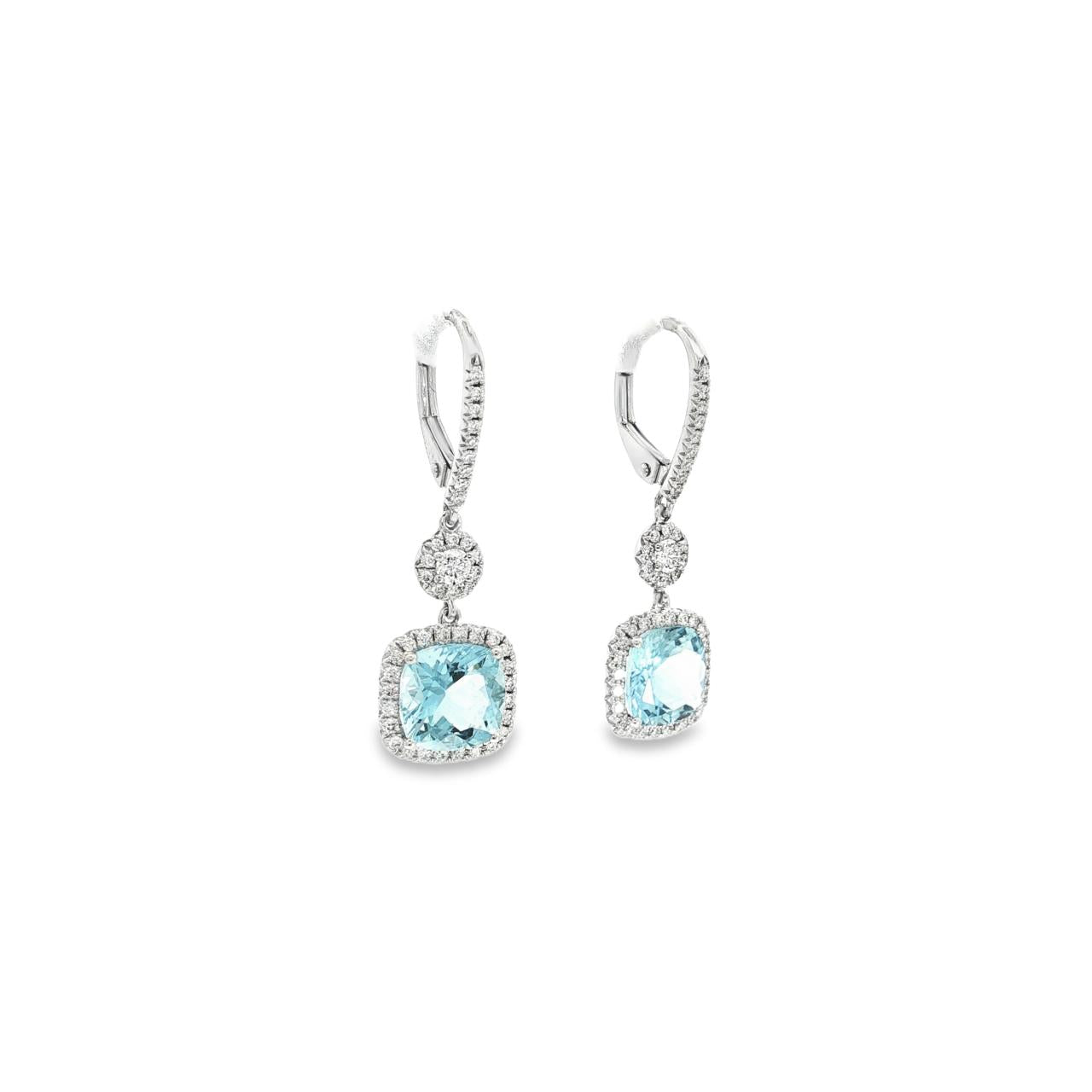 18ct white gold aquamarine and diamond cluster drop earrings with articulated circular and cushion clusters.