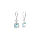 18ct white gold aquamarine and diamond cluster drop earrings with articulated circular and cushion clusters.
