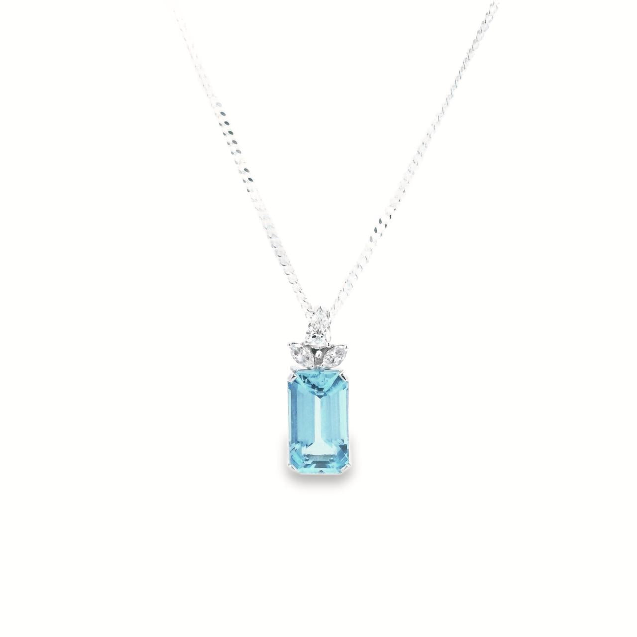 18ct white gold aquamarine pendant with fan-style pear and marquise diamond setting.