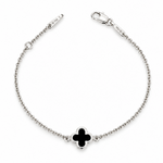 9ct white gold trace link bracelet with small black clover centre.