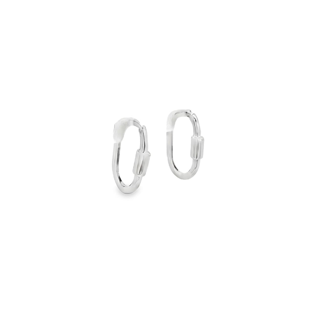 9ct white gold carabiner-style huggie earrings featuring a 15mm diameter and 1.9mm width with a secure clip catch fastening.