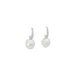 9ct white gold earrings with curved diamond-set front and 9mm South Sea pearl drops.