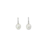 9ct white gold earrings with curved diamond-set front and 9mm South Sea pearl drops.