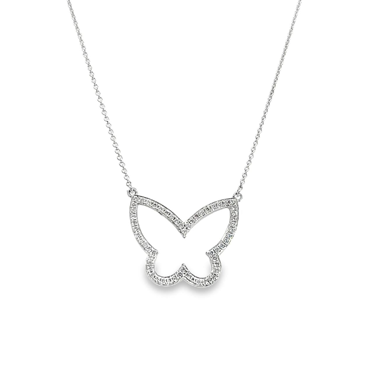 18ct white gold open butterfly pendant bead set with 58 round brilliant cut diamonds (0.34ct total) on an adjustable fine trace chain.