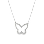 18ct white gold open butterfly pendant bead set with 58 round brilliant cut diamonds (0.34ct total) on an adjustable fine trace chain.