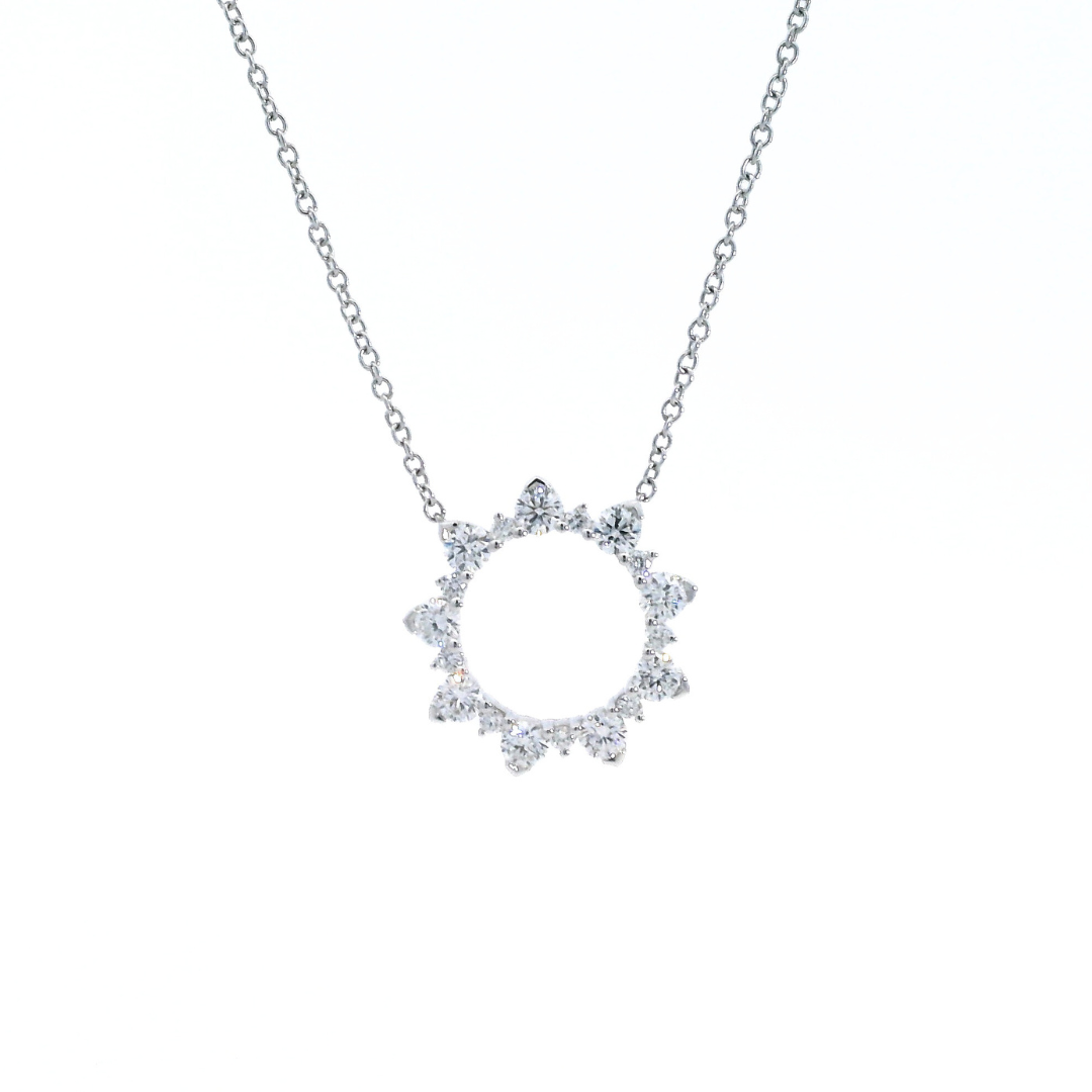18ct white gold 18mm Circle of Life pendant with alternating large and small round brilliant cut diamonds (0.96ct total) on a fine 42cm trace link chain with parrot clasp.