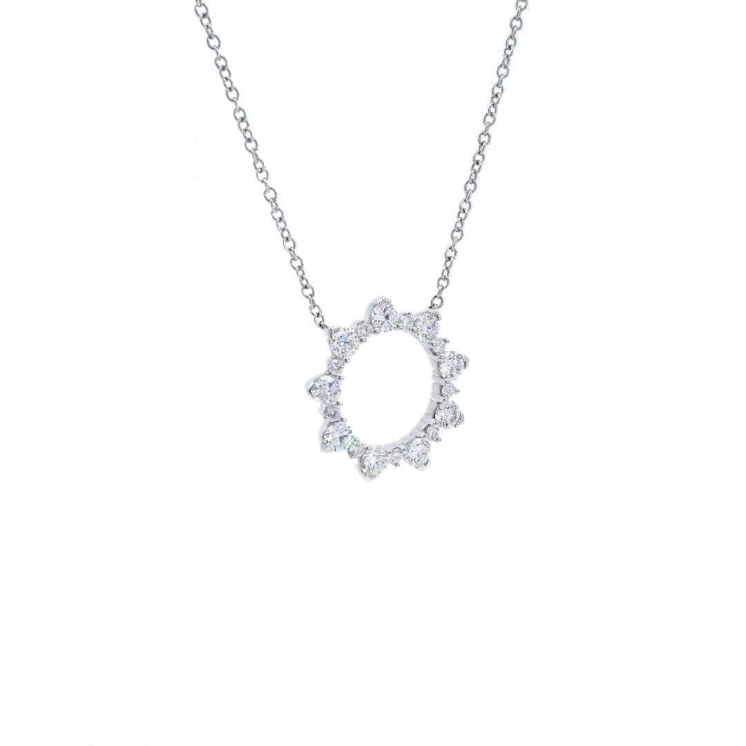 18ct white gold 18mm Circle of Life pendant with alternating large and small round brilliant cut diamonds (0.96ct total) on a fine 42cm trace link chain with parrot clasp.